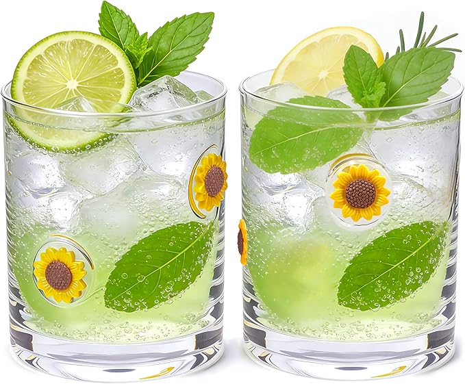 2 Pcs Handmade Sunflower Icon Juice Glass Cup, Durable Heat-Resistant Glass, 14 oz Double Old Fashioned Drinking Glass Cup for Holiday Party Supplies Spring Gifts