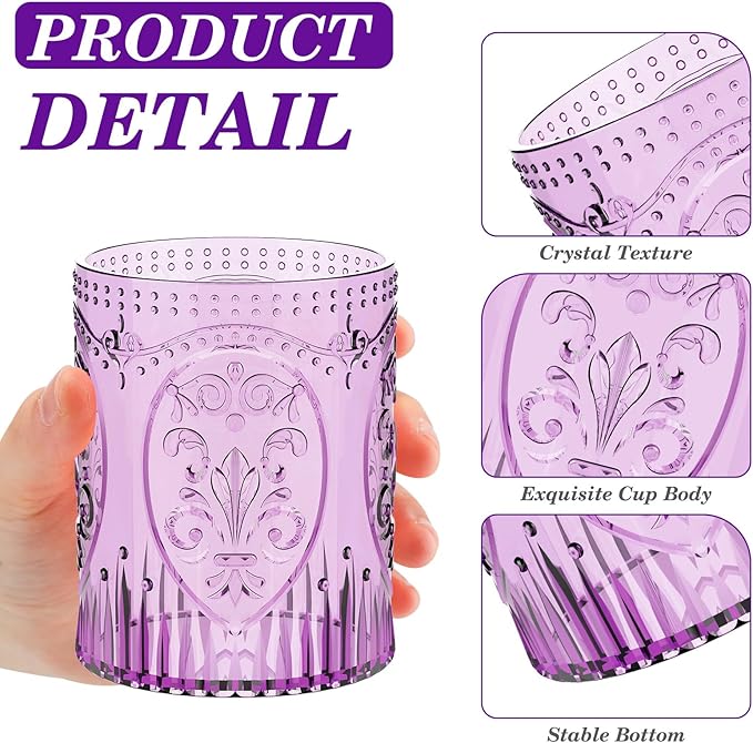 Qinyoung 24 Plastic Vintage Drinking Glasses 8.5oz Stemless Retro Embossed Wine Glasses Shatterproof Reusable Cups for Baby Shower Wedding Reception Grand Event Party (Purple)