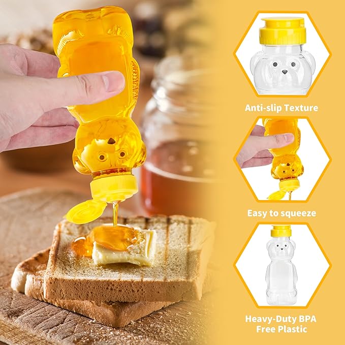 24 Pack 8 oz Plastic Honey Bear Bottle, Reusable Plastic Honey Bear Jars Bulk with Yellow Flip Top Lid for Storing and Dispensing(250ml /8 oz)