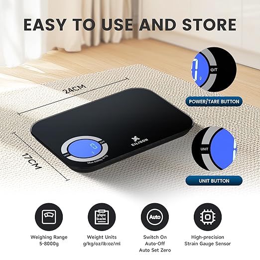 EILISON Smart Kitchen Scale with Bluetooth App, High-Precision Digital Food Scale for Baking, Cooking & Diet, 8000 Food Database, 24 Nutrients, Touchscreen, Tare Function, 5g-8000g Capacity (Black)
