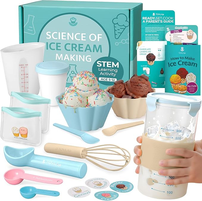 Tovla Jr. Kids Ice Cream Science Kit | Make Real Ice Cream with Reusable Tools | STEM Learning Activity & Gift Set Ages 5–12 | Includes Visual Recipes, Scoop, Bowls & Shaker