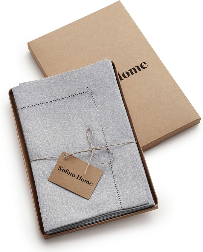 Solino Home Linen Napkins Set of 6 - Classic Hemstitch 100% Pure Linen Soft Grey Dinner Napkins Cloth 20 x 20 Inch for Winter, New Year - Handcrafted and Machine Washable