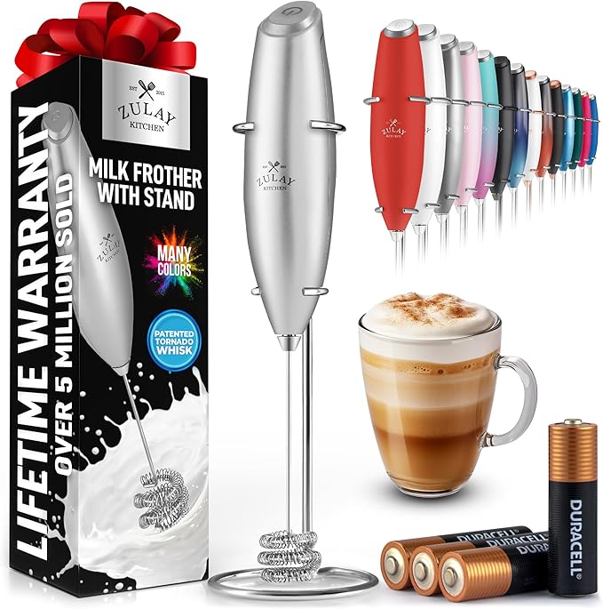 Zulay Kitchen Patented Tornado Triple Whisk Milk Frother with 4 Duracell Batteries – Handheld Foam Maker for Coffee, Lattes, Matcha & Hot Chocolate – Rich, Creamy Froth in Seconds - Bright Silver