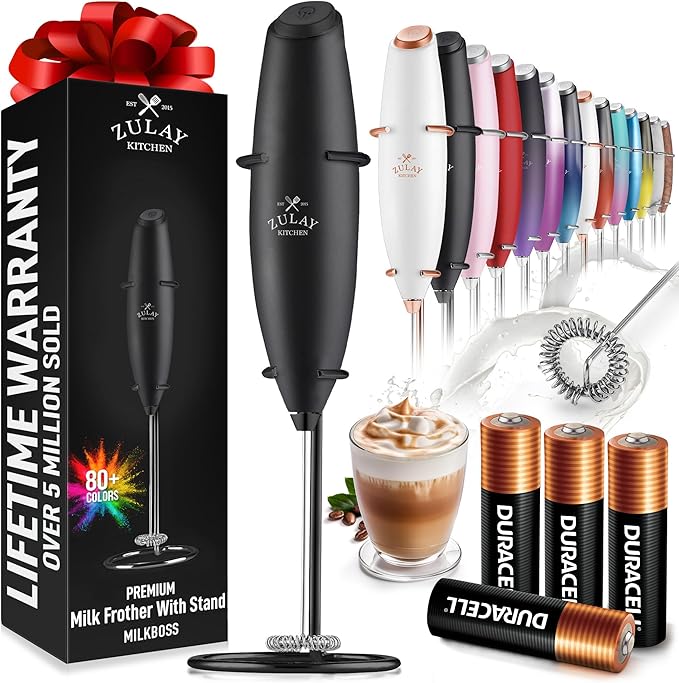 Zulay Kitchen Powerful Milk Frother Wand With 4 AA Duracell Batteries - Ultra Fast Handheld Drink Mixer - Electric Whisk Foam Maker for Coffee, Lattes, Cappuccino, Matcha & Creamer - Executive Black