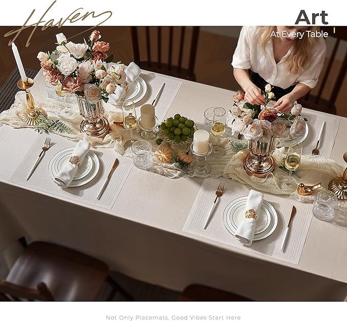Leetaltree Luxury Crystal White Sequin Placemats Set of 8 - Waterproof Washable for Wedding, Anniversary, Daily Use - Sparkling Table Decor - Hand-Cut