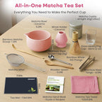 Matcha Whisk Set, 15PCS Ceramic Matcha Bowl Kit, Includes Bamboo Whisk & Holder, Glass Measuring Cup, Caddy, Sifter, Scoop, Tea Towel, Tea Mat, Making Sets for Lovers, Pink