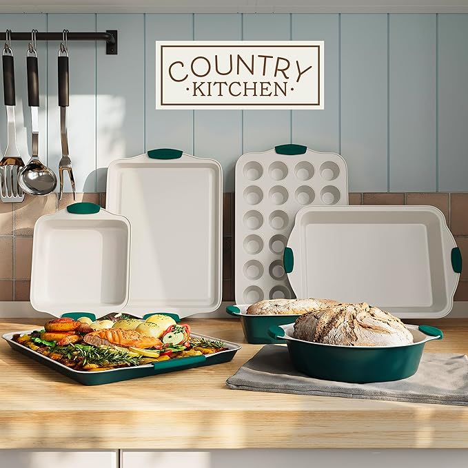 Country Kitchen Nonstick Stackable Bakeware Set - Heavy Duty, Durable, Easy Release Baking Set, Sage, 10 Pcs