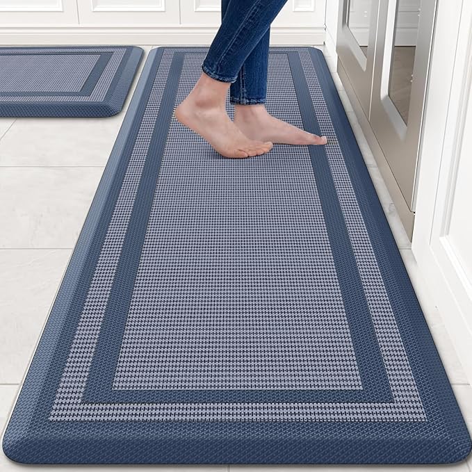 KitchenClouds [2 PCS Kitchen Rugs Cushioned Anti-Fatigue Kitchen Mats for Floor Waterproof Kitchen Rug Set Non-Slip Comfort Standing Mat for Office, Sink, Laundry 20"×30"+20"×60",Blue