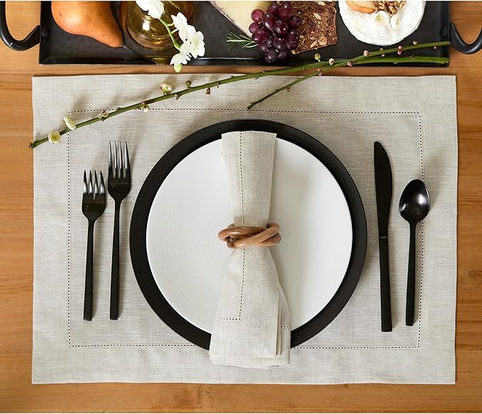 Solino Home Light Natural Linen Napkins Set of 6-100% Pure Linen Hemstitch Dinner Napkins 20 x 20 Inch for Holiday, New Year - Classic Hemstitch