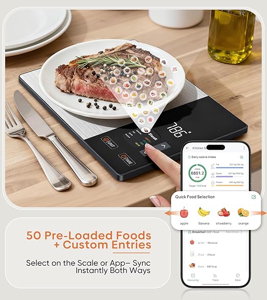 KUAIVO Smart Nutrition Food Scale with TFT Display, Tracks Calories, Fat, Carbs & Protein, Works with App for Daily Reports, 50 Built-in Foods, 23 Nutrients, Digital Kitchen Scale for Meal Prep