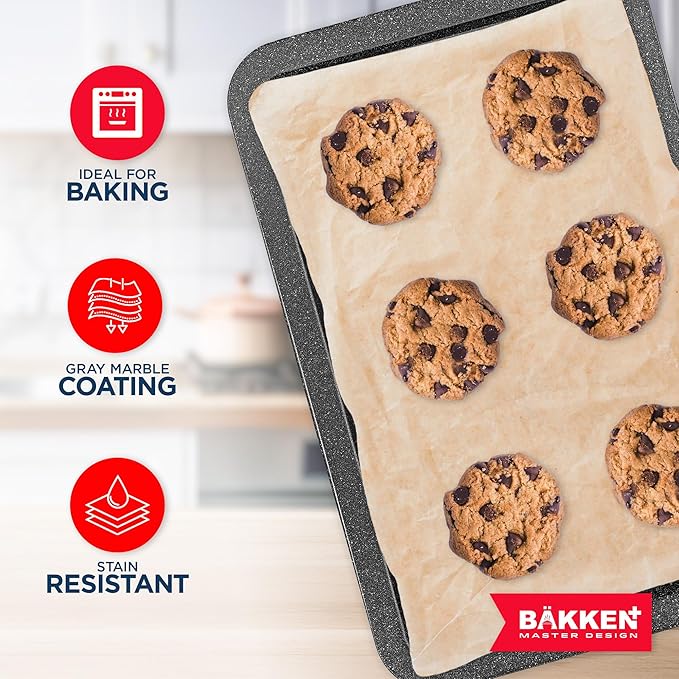 BAKKEN Kitchen Baking Pans - Nonstick Gray Coating, 13.18’’ × 8.66’’ Commercial Grade Carbon Steel Cookie Sheet, Baking Kitchen Essentials, PFOA, PFOS, PTFE Free, Oven Safe Tray (450° F), Gray