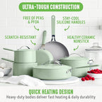 GreenLife 10-Piece Nonstick Ceramic Cookware Set, Lightweight Healthy PFAS-Free Pots & Pans with Lids, Dishwasher & Oven Safe, Durable Body, Silicone Stay-Cool Handles, Easy Release, Sage Green