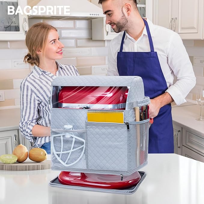 BAGSPRITE Stand Mixer Cover with Detachable Appliance Sliders Base Compatible with KitchenAid Mixer-Storage Bag for 6/7/8 Quart with Pockets for Kitchen Aid Accessories and Attachments