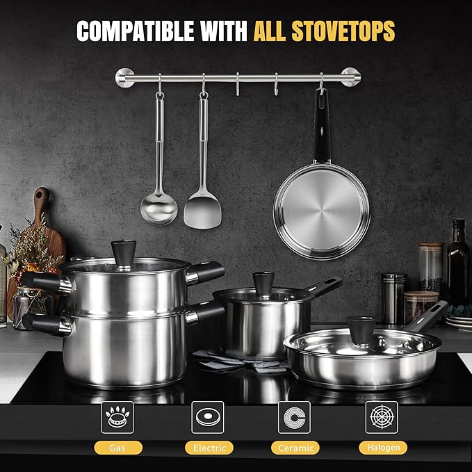 Meythway 14-Piece Stainless Steel Cookware Set for Induction Stovetops – Non-Toxic Pots & Pans with Stay-Cool Handles, Glass Lids, Steamer, Pot Mats & Utensils – Dishwasher Safe Kitchen Cookware