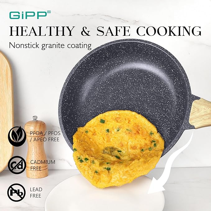 GiPP Pots and Pans Set Non Stick - 14Pcs Granite Kitchen Cookware Sets Nonstick Induction Cookware Non-Toxic Cooking Pan Set with Silicone Utensils, PFOS and PFOA Free, Dark Gray