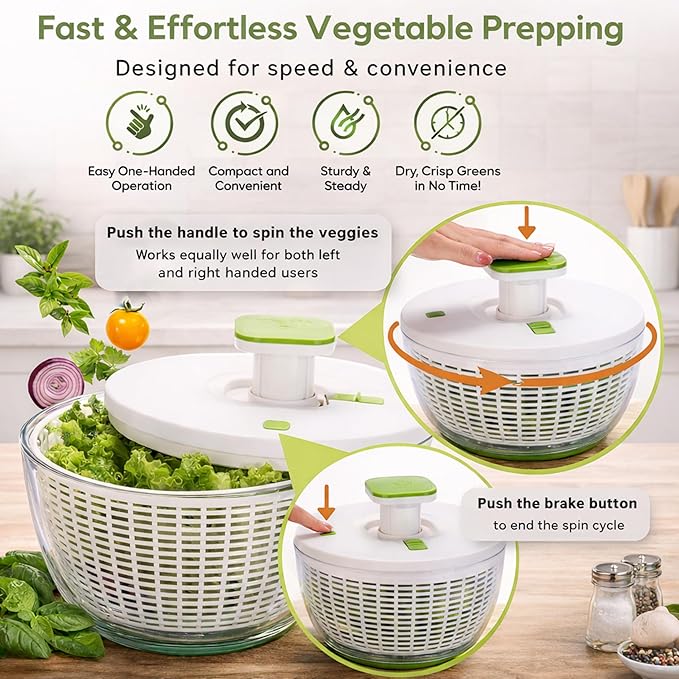 Brieftons QuickPush Salad Spinner: Large 6.3-Quart Vegetable Washer Dryer Strainer Drainer, Easy One-Handed Handle & Brake, Fast Spin Cycles, Compact Storage, to Wash, Clean & Dry Vegetables, Fruits