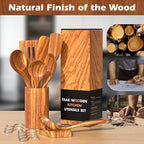 Natural Teak Kitchen Cooking Utensil Set with Holder, Wooden Spoons for Cooking, 10PCS Cooking Spatulas Set with Spoon Rest, Wooden Utensil Set for Nonstick Cookware Sturdy & Lightweight