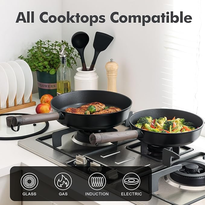 SENSARTE 14Pcs Pots and Pans Set Nonstick Cookware Set Kitchen Cooking Frying Pans with Stay-cool Handle, Dishwasher Safe, Induction Compatible, PFOA/PFOS Free, Black