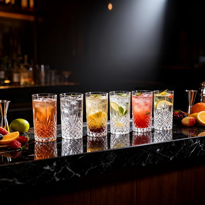 Tall Highball Glasses Set Of 6-14 Ounce Elegant Tom Collins Glasses - Textured Designer Glassware Set For Whiskey,Drinks, Water, Beer, Soda