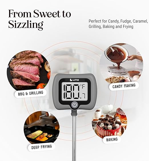 Digital Candy Thermometer with Pot Clip, 10" Long Stainless Steel Probe, Instant Read Kitchen Thermometer for Cooking, Baking, and Candy Making (Gray)