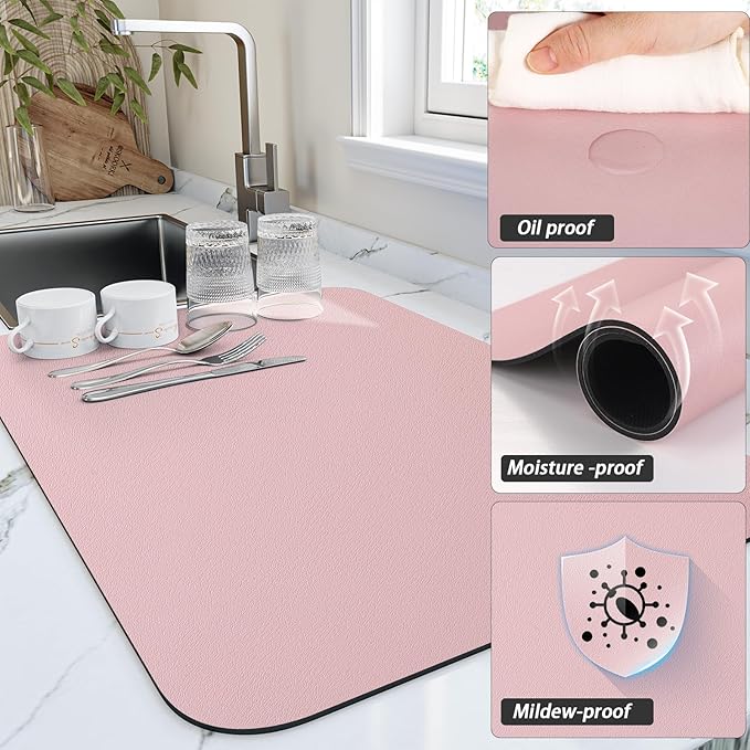 HotLive Dish Drying Mat for Kitchen Counter, Heat Resistant Drainer Mats with Non-slip Rubber Backed, Hide Stain Kitchen Super Absorbent Draining Mat, Easy to Clean Dish Rack Pad, Pink 18"x24"