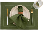 Solino Home Linen Cloth Placemats Set of 4-100% Pure Linen Hemstitch Olive Placemats 14 x 19 Inch - Classic Hemstitch Table Place Mats for New Year