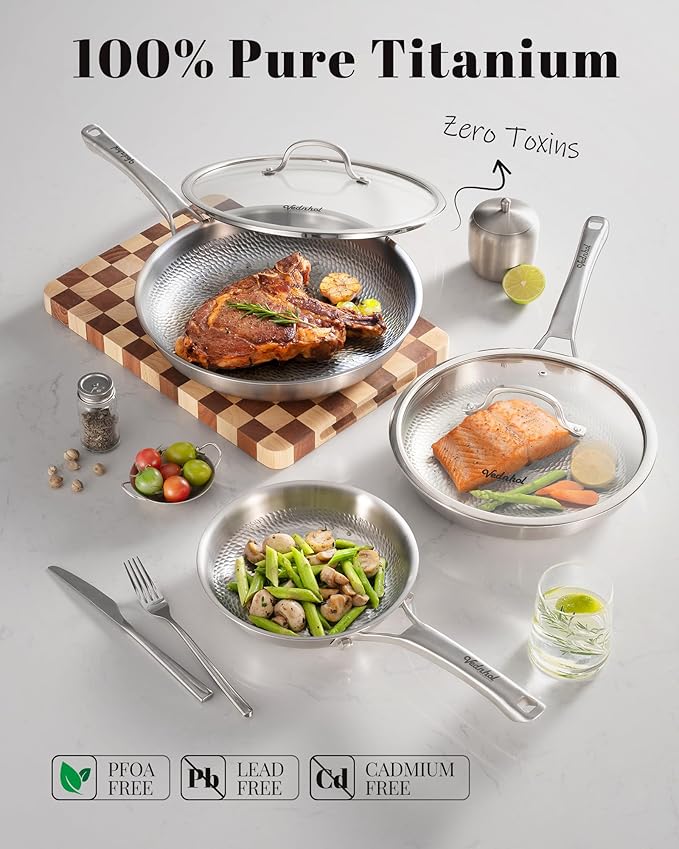 Titanium Pans set, 8+10+12Inch Pure Titanium Hammered Pro with Two Lids, Non-Toxic Skillet for Cooking, PFAS/PFOA/PTFE Free Cookware, Dishwasher&Oven Safe, Kitchen Induction Compatible