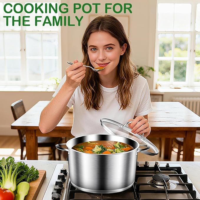 STOCKPOT Cooking Pot, Stainless Steel Stock Pot with Glass Lid, 6 Quart Soup Pot, Induction Compatible, Dishwasher Safe