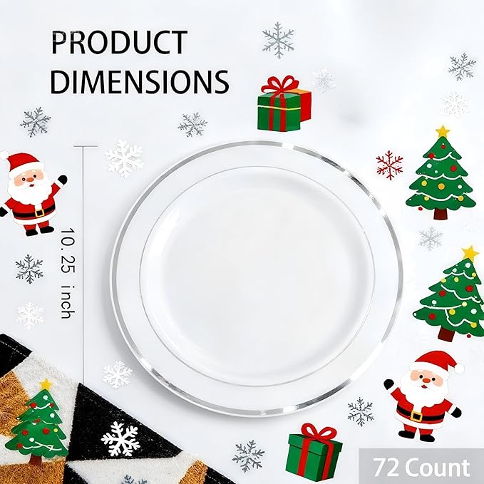 WELLIFE Silver Plastic Dinner Plates 72 Pieces, 10.25" Silver Disposable Plates, Premium Hard Plastic Lunch Plates, Ideal for Wedding and Party