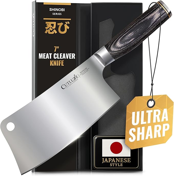 Cutluxe Meat Cleaver Knife – Ultra Sharp 7" Meat Cleaver, Butcher Knife, High Carbon Stainless Steel Blade, Full Tang Pakkawood Handle – Shinobi Series