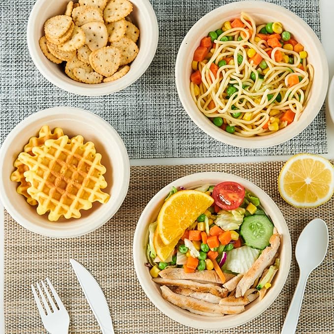 ECOLipak 150 Pack Compostable Disposable Paper Bowls, 16 OZ Biodegradable Bagasse Eco-Friendly Sugarcane Soup Bowls for Salad Wheat Flakes(Nature)