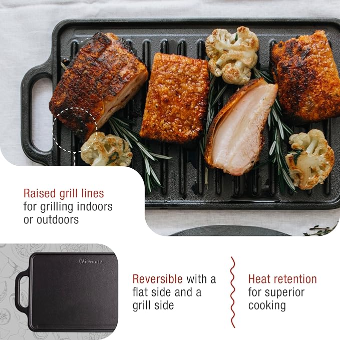 Victoria Rectangular Cast Iron Griddle. Double Burner Griddle, Reversible Grill, 13 x 8.5 Inch, Seasoned with 100% Kosher Certified Non-GMO Flaxseed Oil, Model: GDL-189