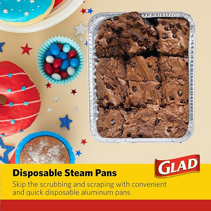 Glad Disposable Aluminum All Purpose Pans in Red, White & Blue Stars, 3ct with Lids - Printed Colorful Foil Steam Pans - 12.5” x 10.2” x 2.16” Aluminum Pan - Disposable Steamware (Pack of 2)