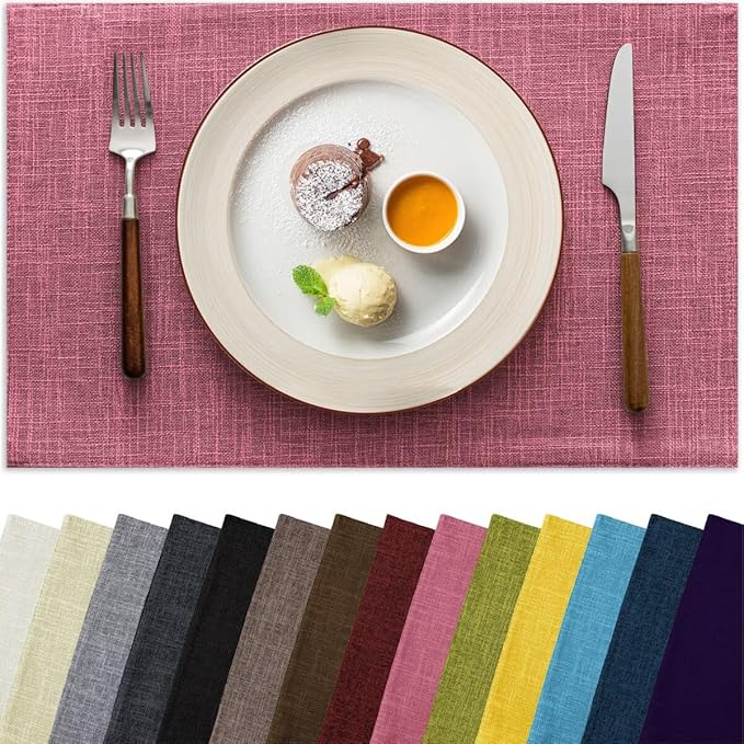Placemats Set of 8, Bilayer Thickened Linen Place Mats Heat Resistant Machine Washable Wrinkle Free Carefully Selected Polyester Mats for Kitchen/Dining/Coffee Table (Pink)