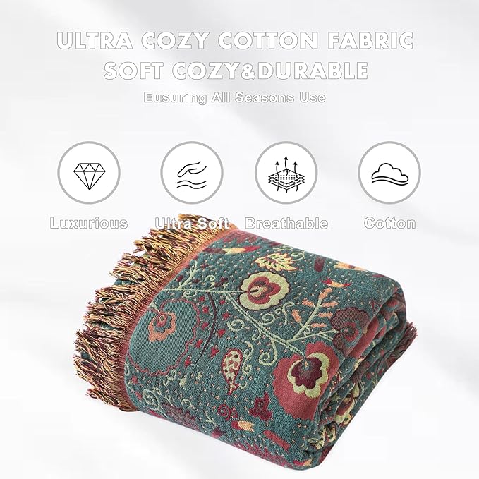 MSGKV Cotton Bed Blanket for Couch and Sofa Blankets for Living Room Bedroom Reversable Florals Throw 80"x90" Breathable Cozy Boho Blankets