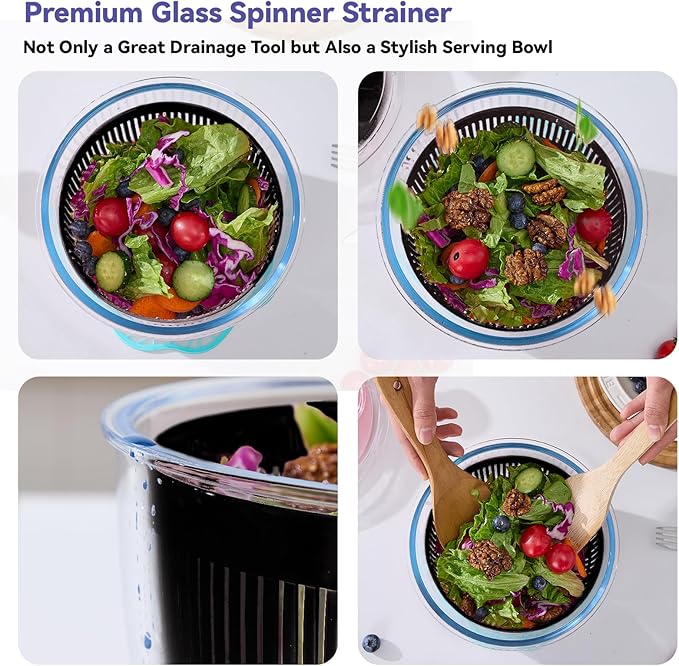 Good Girps 3.2 Qt Glass Salad Spinner Small Vegetable Dryer with Drain Microwave Safe Dishwasher Safe with Transparent Lid Crank Handle Quick Spin Greens Washer for Lettuce Herbs Fruits