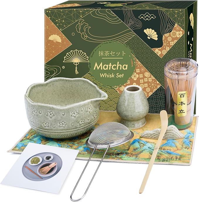 Matcha Whisk Set - 7 PCS Matcha Kit, Matcha Set for Making Breakfast Green Tea Lattes - Matcha Bowl with Spout, Matcha Whisk Holder - Gift for Tea Beginner, Friend, Daughter, Family