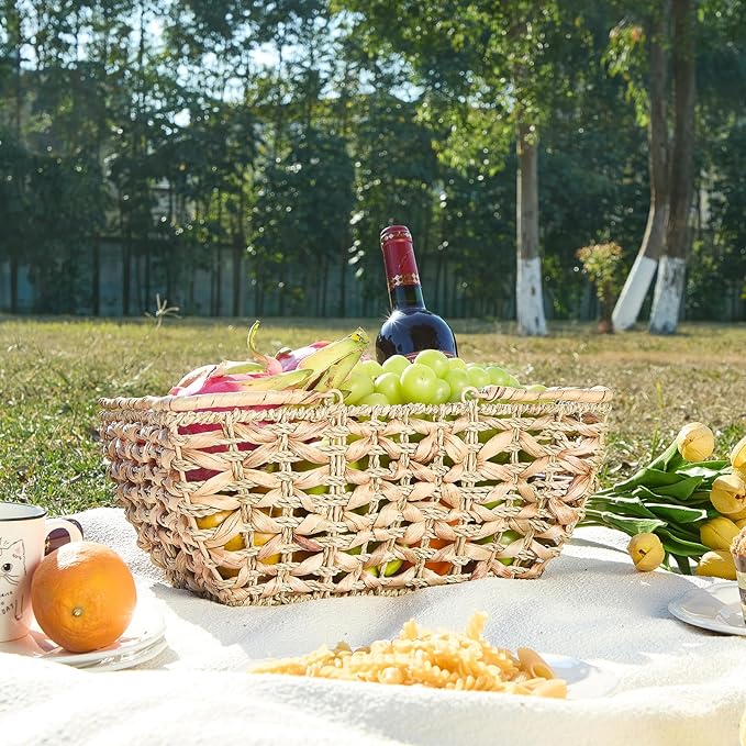 Wicker Picnic Basket with Handles, Wicker Baskets with Wooden Base for Picnic, Camping & Storage Basket