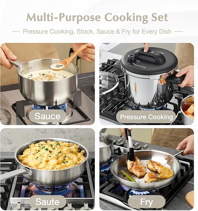 KOCH SYSTEME CS 14 Piece Stainless Steel Cookware Set with Pressure Cooker, Stainless Steel Pressure Cooker with Pots and Pans Set, 18/10 Stainless Steel Cookware Set, Induction Ready
