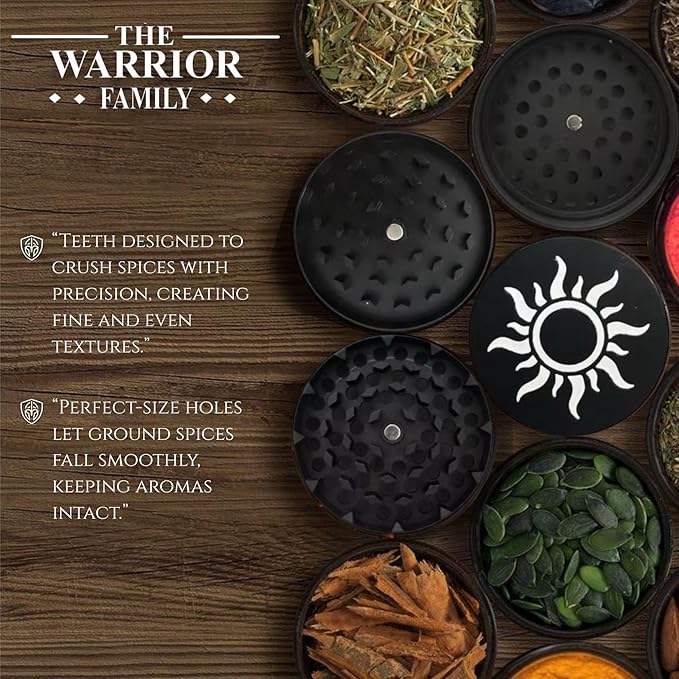4-Piece Aluminum Herb Grinder – Manual Spice Grinder with Fine Pollen Catcher, Stainless Steel Mesh,Precision Mill & Secure Magnetic Lid for Culinary Herbs