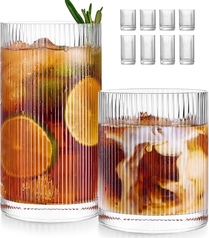 Ribbed Glass Cups Set of 8 - 4 Large Capacity Highball Glasses 17oz, 4 Rocks Glass Cups 12oz, Cocktail Glasses, Drinking Glasses Ideal for Beer, Juice, Water, Ice Coffee Cup, Whiskey, Mixed Drinkware