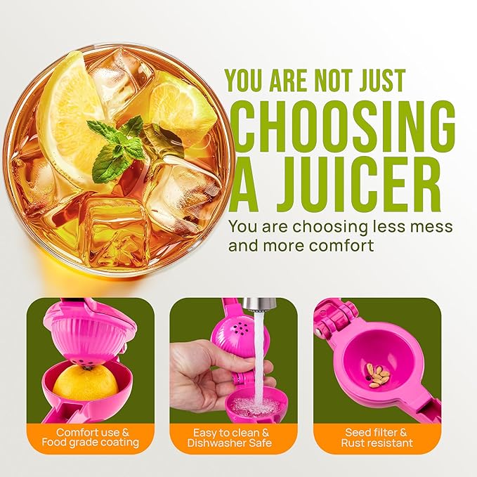 Zulay Kitchen Metal 2-in-1 Lemon Squeezer - Sturdy Max Extraction Hand Juicer Lemon Squeezer Gets Every Last Drop - Easy to Clean Manual Citrus Juicer - Easy-Use Lemon Juicer Squeezer - Dragonfruit