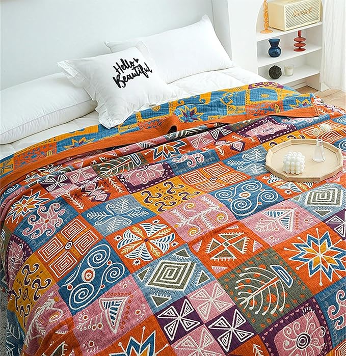 MSGKV Boho Throw Blanket King Size Christmas Blanket 100% Cotton Blankets for Couch Bed, Cotton Quilts Muslin Bed Blanket 90''x 98'' Cozy Pre-Washed Decor Gift for All Seasons