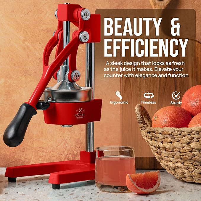 Zulay Kitchen Cast Iron Juicer - Easy-to-Clean Heavy-Duty Manual Juicer, Professional Citrus Juicer - Stainless Steel Lemon Squeezer - Manual Citrus Press & Orange Squeezer - Orange Juicer (Red)