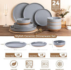 AmorArc Ceramic Dinnerware Sets for 8, 24 Pieces Handpainted Plates and Bowls Set with Rustic Terracotta Underside, Scratch Resistant Stoneware Dishes Set, Dishwasher & Microwave Safe