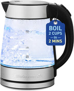 Elite Gourmet EKT-602 Electric BPA-Free Glass Kettle, Cordless 360° Base, Stylish Blue LED Interior, Handy Auto Shut-Off Function – Quickly Boil Water For Tea & More