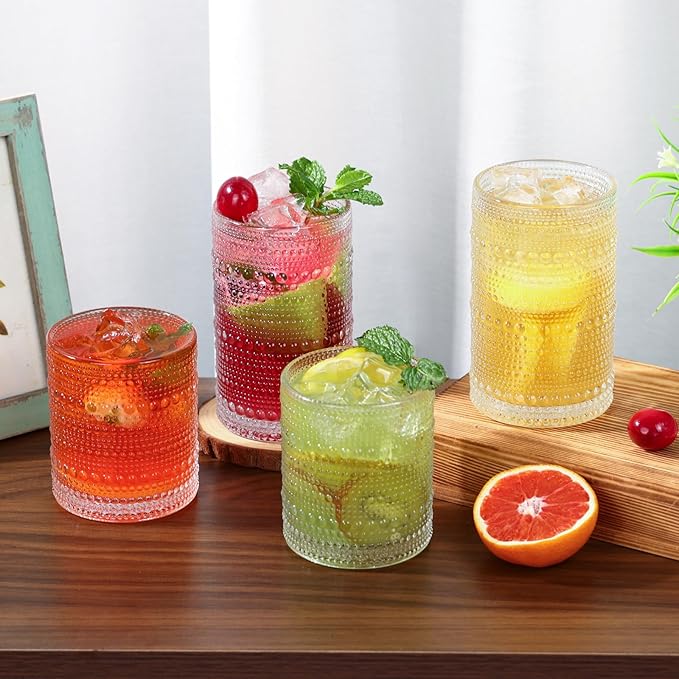 Moretoes 8 Pack Hobnail Drinking Glasses Set, 12 Oz Highball Glasses & 10 Oz Cocktail Glasses, Clear Embossed Water Glass Cups Kitchen Bar Tumbler Glassware Set for Whiskey, Beer, Juice, Milk