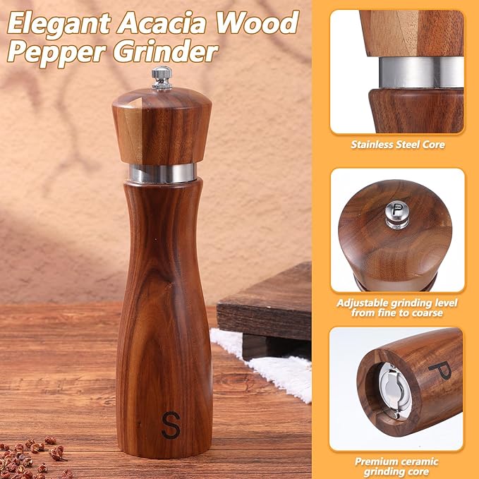 Kifmurase 2PCS Wooden Salt and Pepper Grinder Set, 8.7 inch Manual Refillable Salt Pepper Mills with Adjustable Coarseness, Solid Acacia Wood with Ceramic Grinding Core, Peppercorn Shaker Tableware