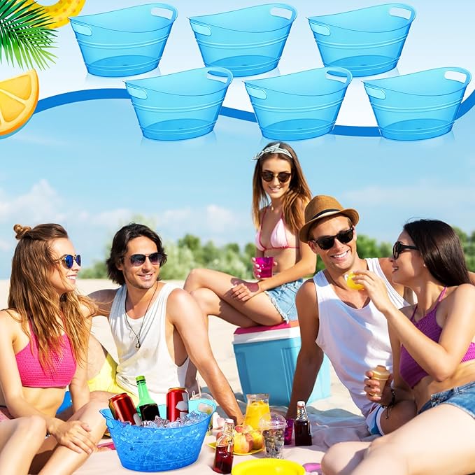 meekoo 6 Pcs Plastic Ice Buckets Bulk with Handles 4.5L Oval Storage Tub Large Capacity Ice Drink Bucket for Party Bar Wine Beer Champagne Beverage Bottle Cooler (4.5 L,Blue)