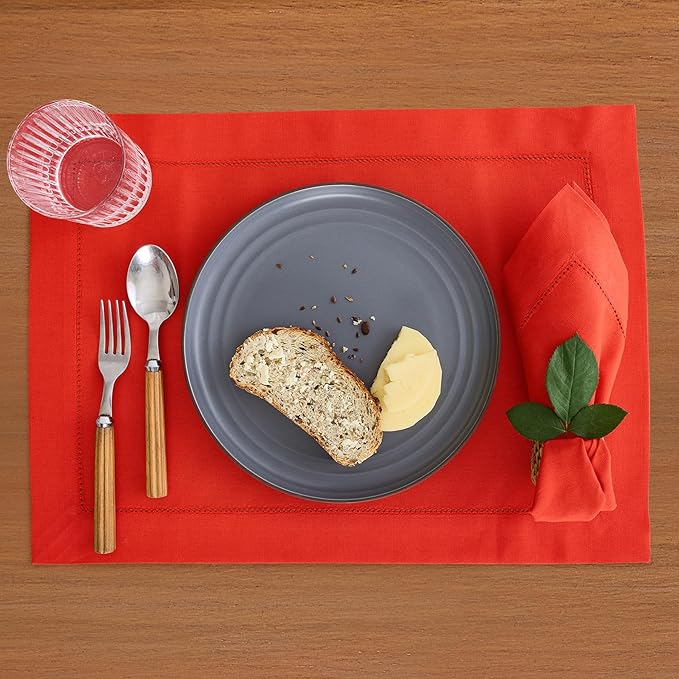 Solino Home Cotton Linen Placemats Set of 4 - Hemstitch Poppy Red Placemats 14 x 19 Inch - Machine Washable Table Mats for Valentines, New Year